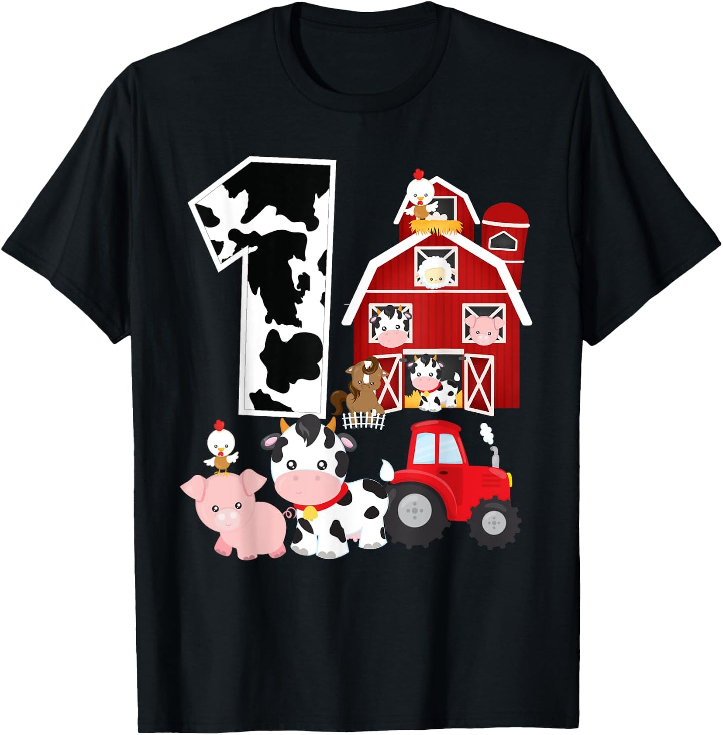 Farm Barnyard Theme Pig Cow Horse 1st Birthday 1 Yrs Old T-Shirt - T-Shirt | Black