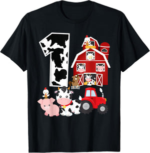 Farm Barnyard Theme Pig Cow Horse 1st Birthday 1 Yrs Old T-Shirt - T-Shirt | Black