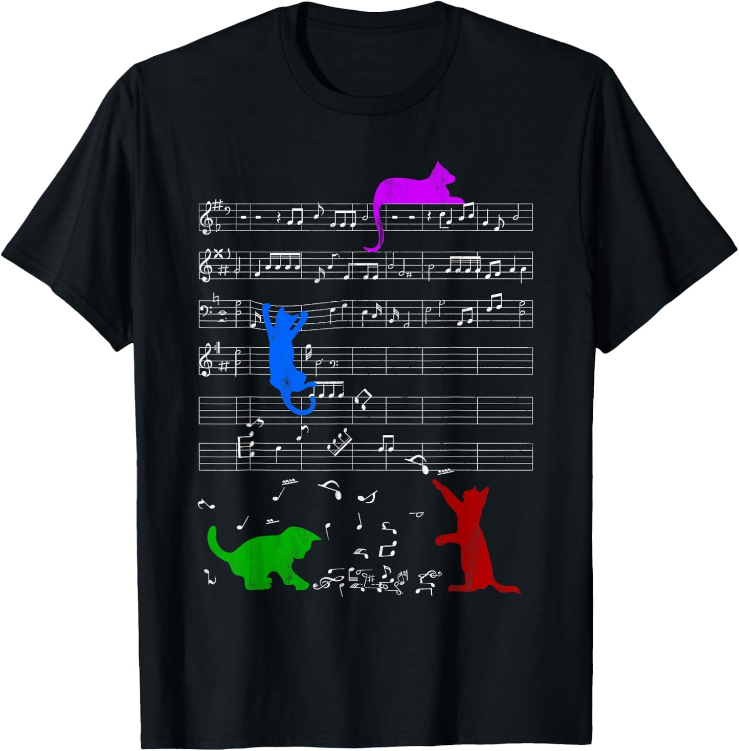 Cute Colored Cats Music Notes Musician Clef Piano T-Shirt - T-Shirt | Black