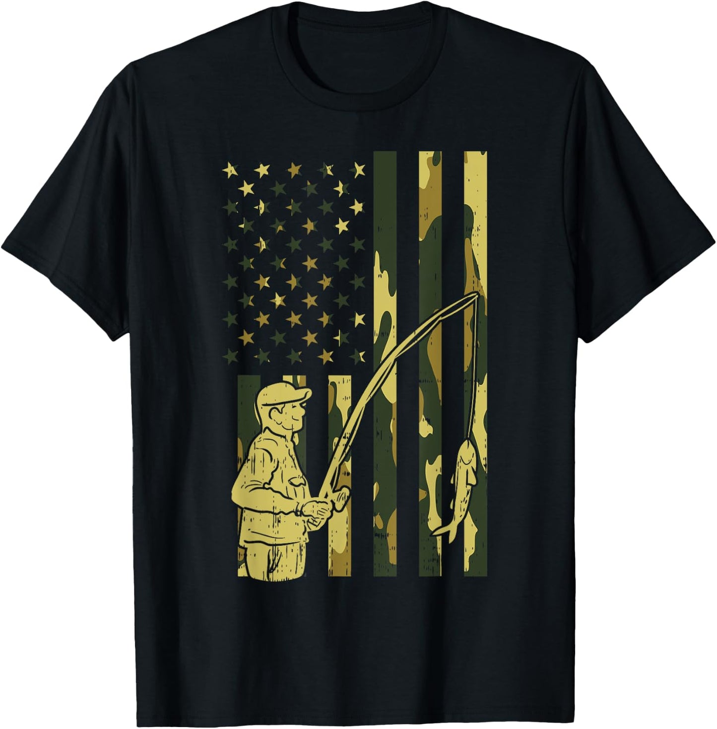 Camo Flag Fisherman Vintage Fishing Patriotic Angler Gift T-Shirt - T-Shirt | Black