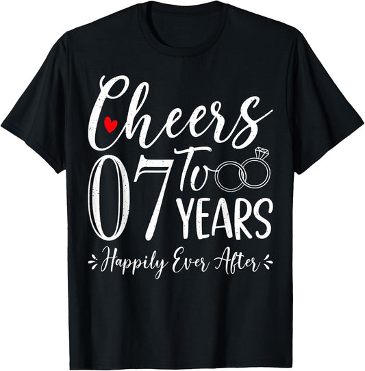 Cheers To 7 Years Happily - Husband Wife 7th Anniversary T-Shirt - T-Shirt | Black
