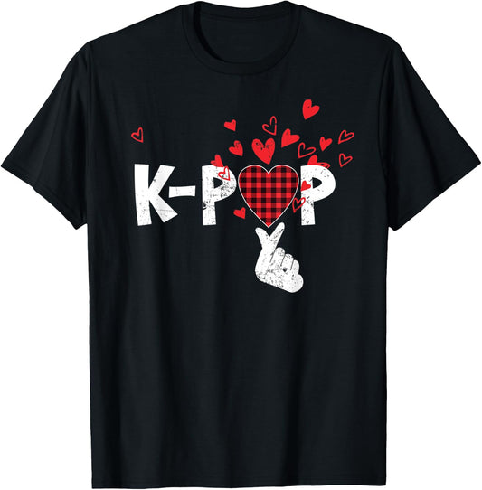 Cute K-Pop Lovers Korean Love Sign Red Buffalo Plaid Pajama T-Shirt - T-Shirt | Black