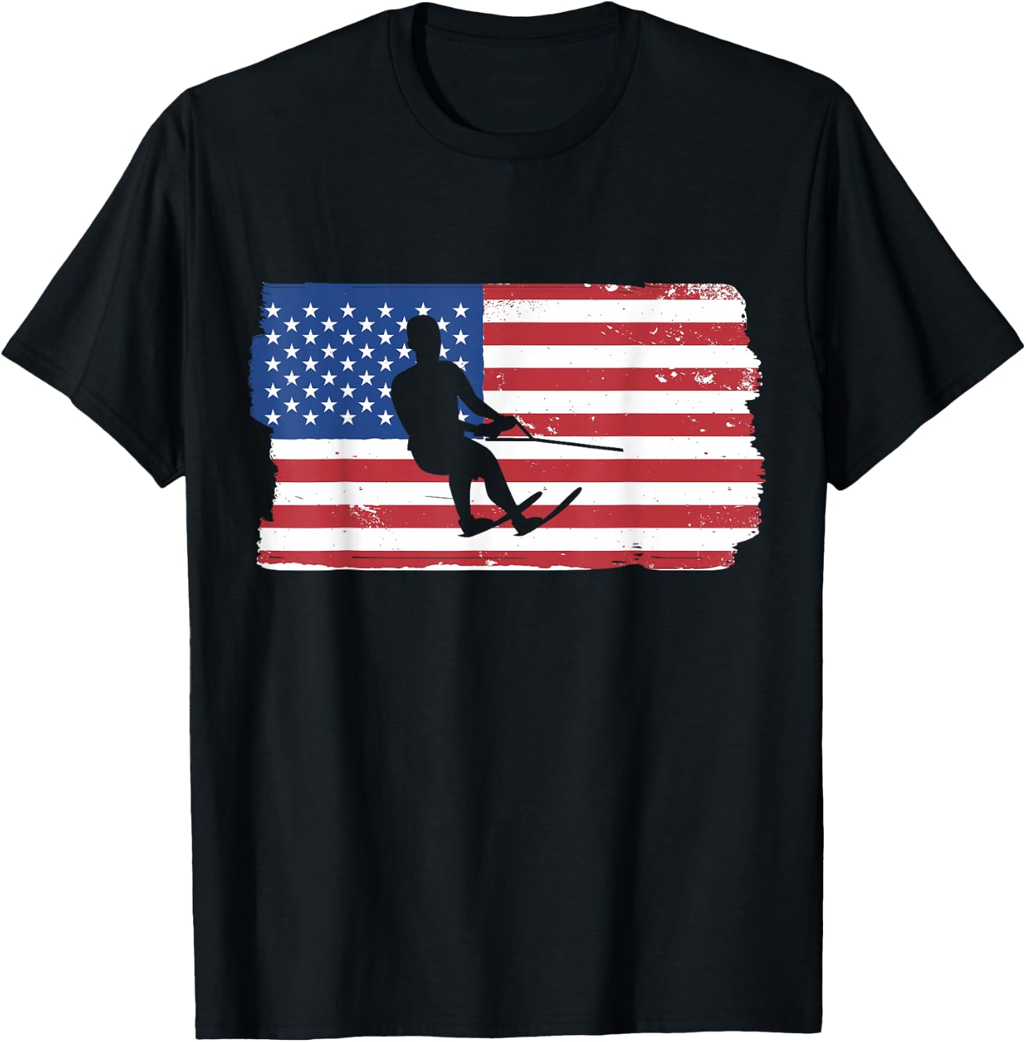 USA Waterskiing Patriotic American Flag Waterskiing T-Shirt - T-Shirt | Black