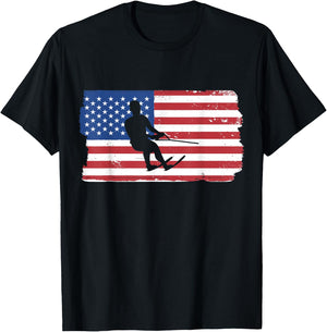 USA Waterskiing Patriotic American Flag Waterskiing T-Shirt - T-Shirt | Black