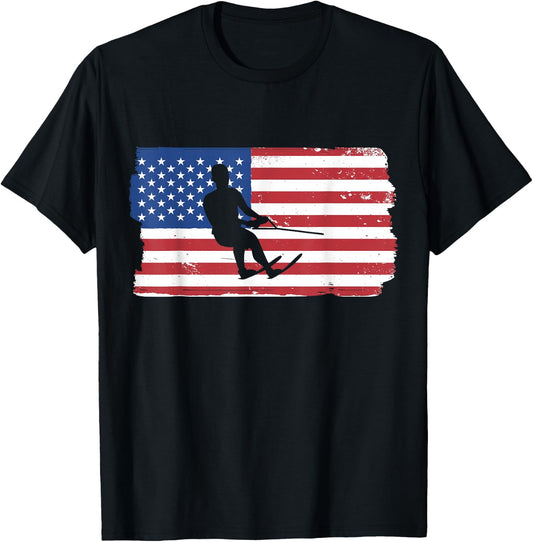 USA Waterskiing Patriotic American Flag Waterskiing T-Shirt - T-Shirt | Black
