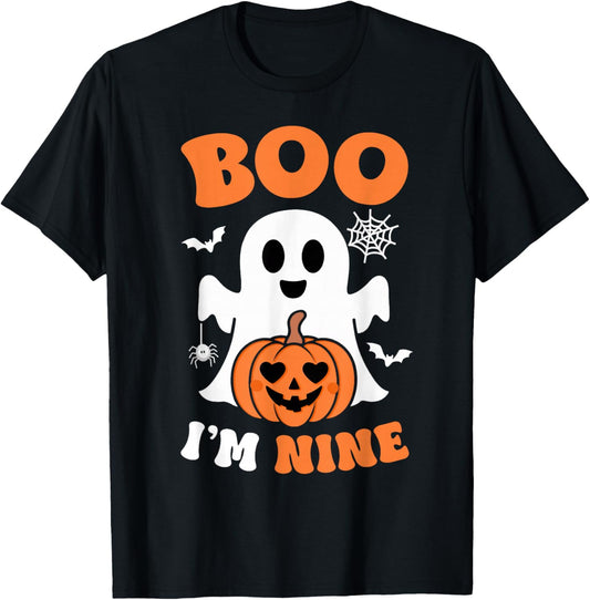 Ghost Boo I'm Nine Year 9th Birthday Boys Halloween Groovy T-Shirt - T-Shirt | Black