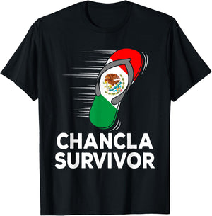 Chancla Survivor Mexico Funny Mexican Flag Joke Gift T-Shirt - T-Shirt | Black