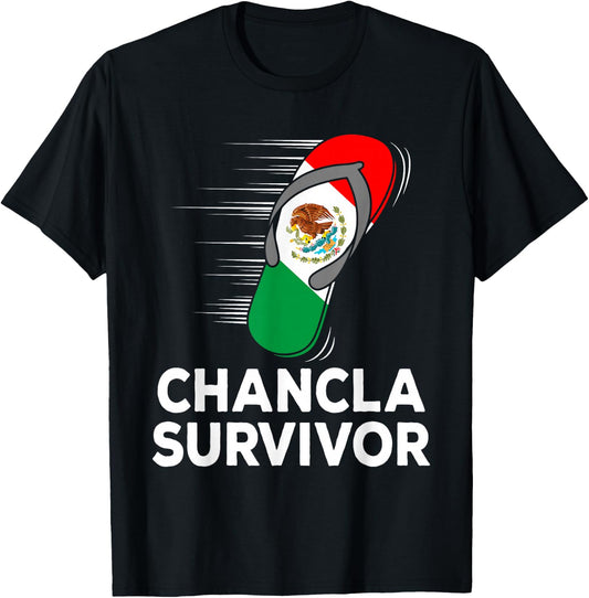 Chancla Survivor Mexico Funny Mexican Flag Joke Gift T-Shirt - T-Shirt | Black