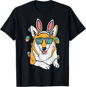 Welsh Corgi Bunny Ears Glasses Eggs Easter Dog Owner Lover T-Shirt - T-Shirt | Black