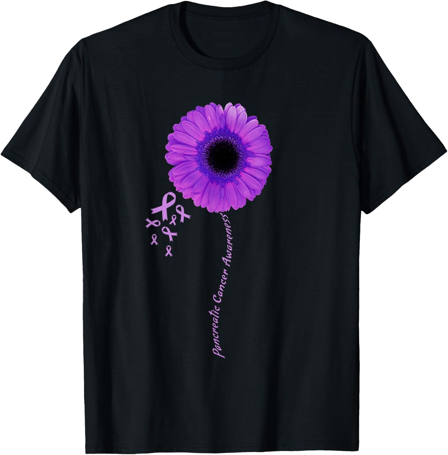 I Wear Purple Flower Pancreatic Cancer Awareness Ribbon T-Shirt - T-Shirt | Black