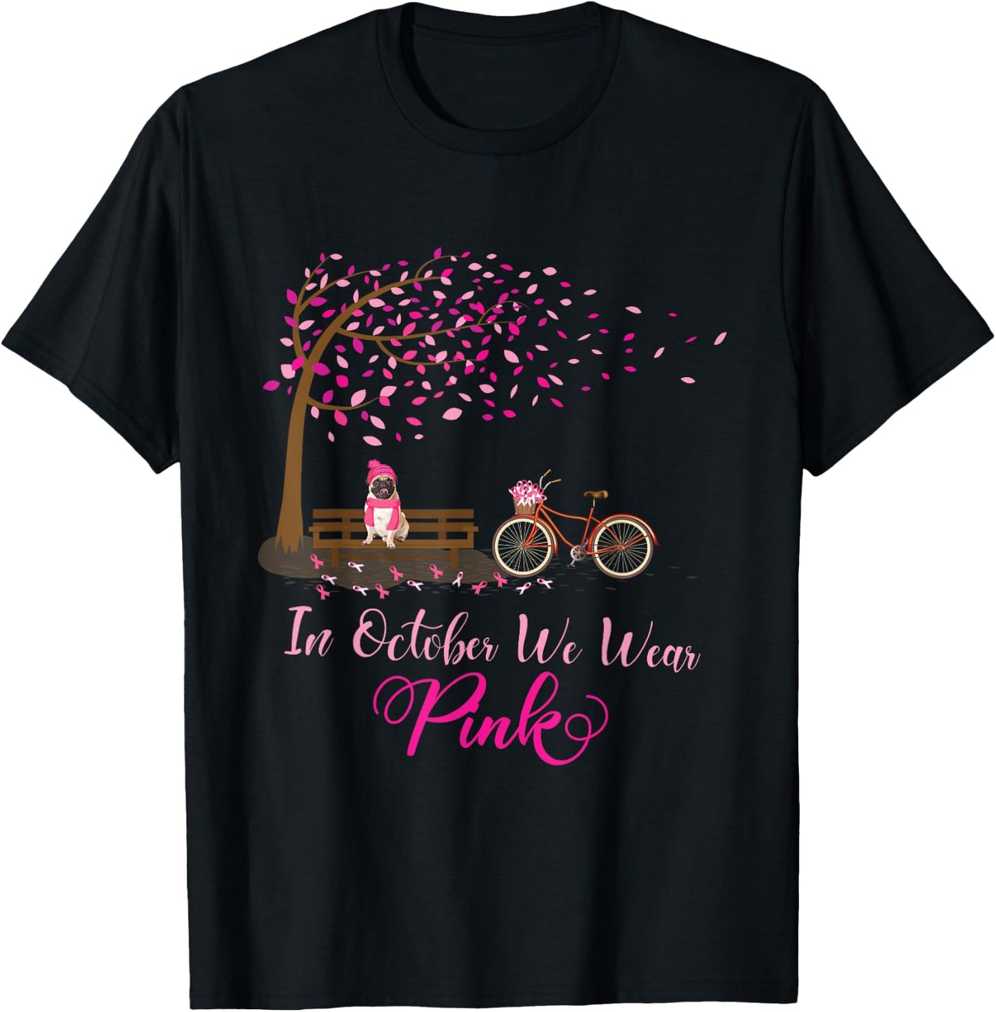 In October We Wear Pink Pug Fall Leaves Breast Cancer Ribbon T-Shirt - T-Shirt | Black