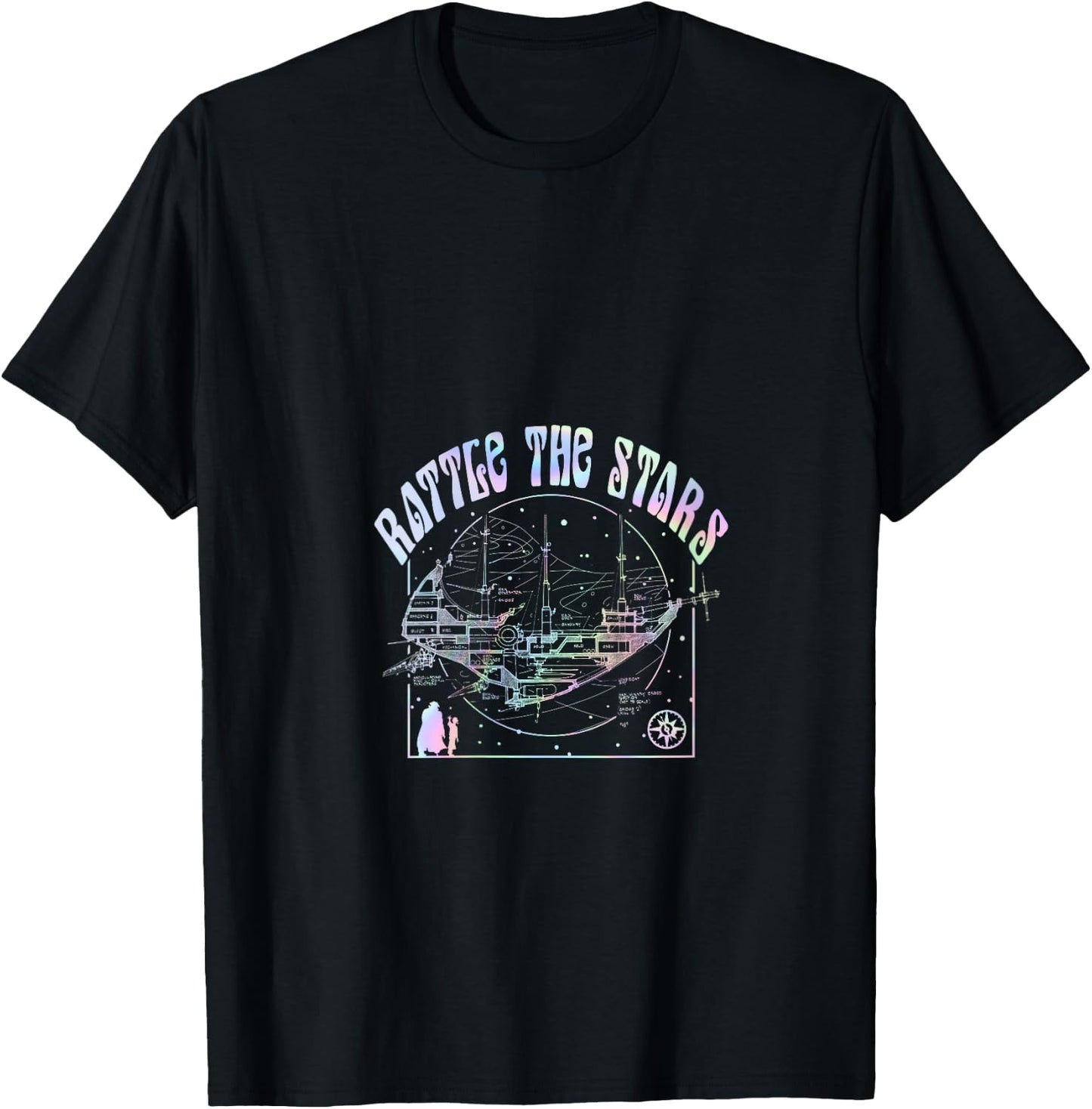 Disney Treasure Planet Vintage Rattle The Stars Rainbow Neon V-Neck T-Shirt - T-Shirt | Black