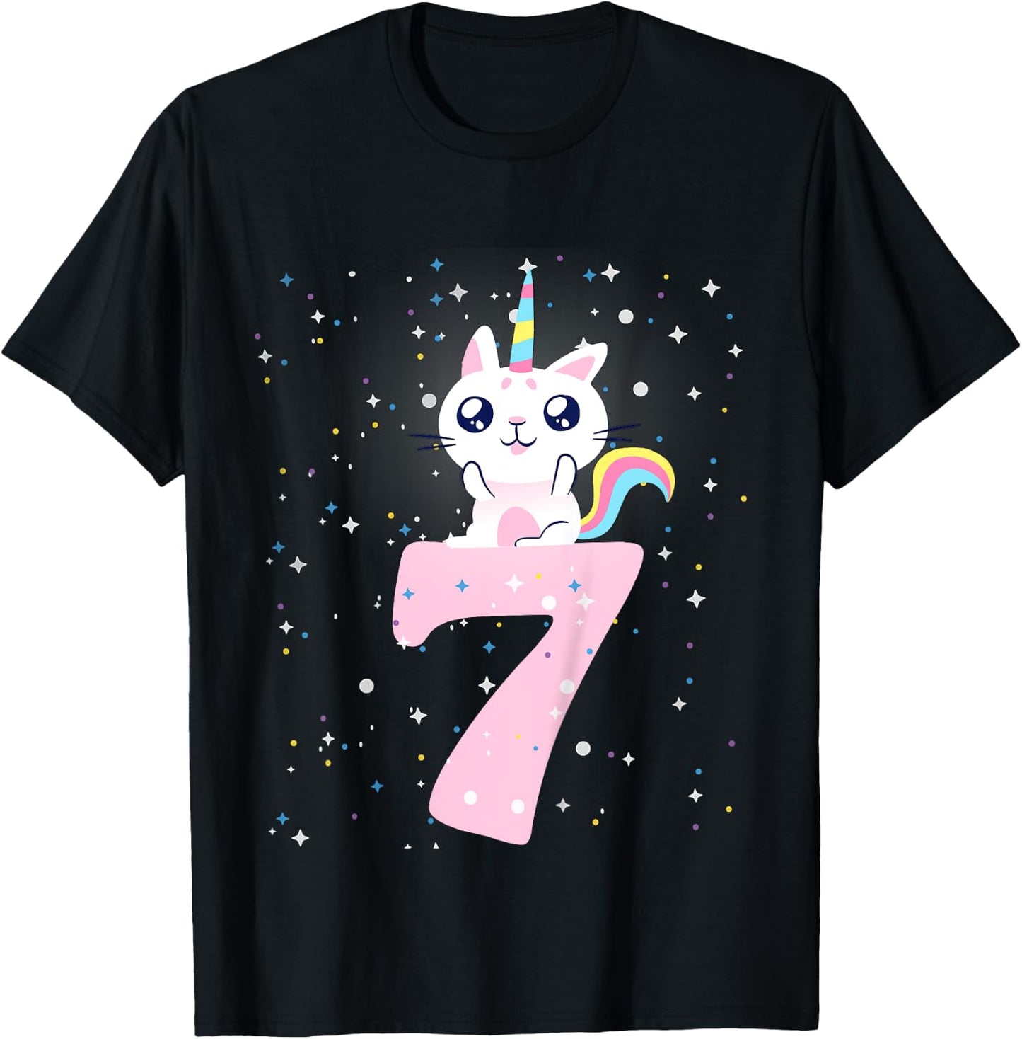 Kids 7th birthday girl outfit unicorn cat T-Shirt - T-Shirt | Black
