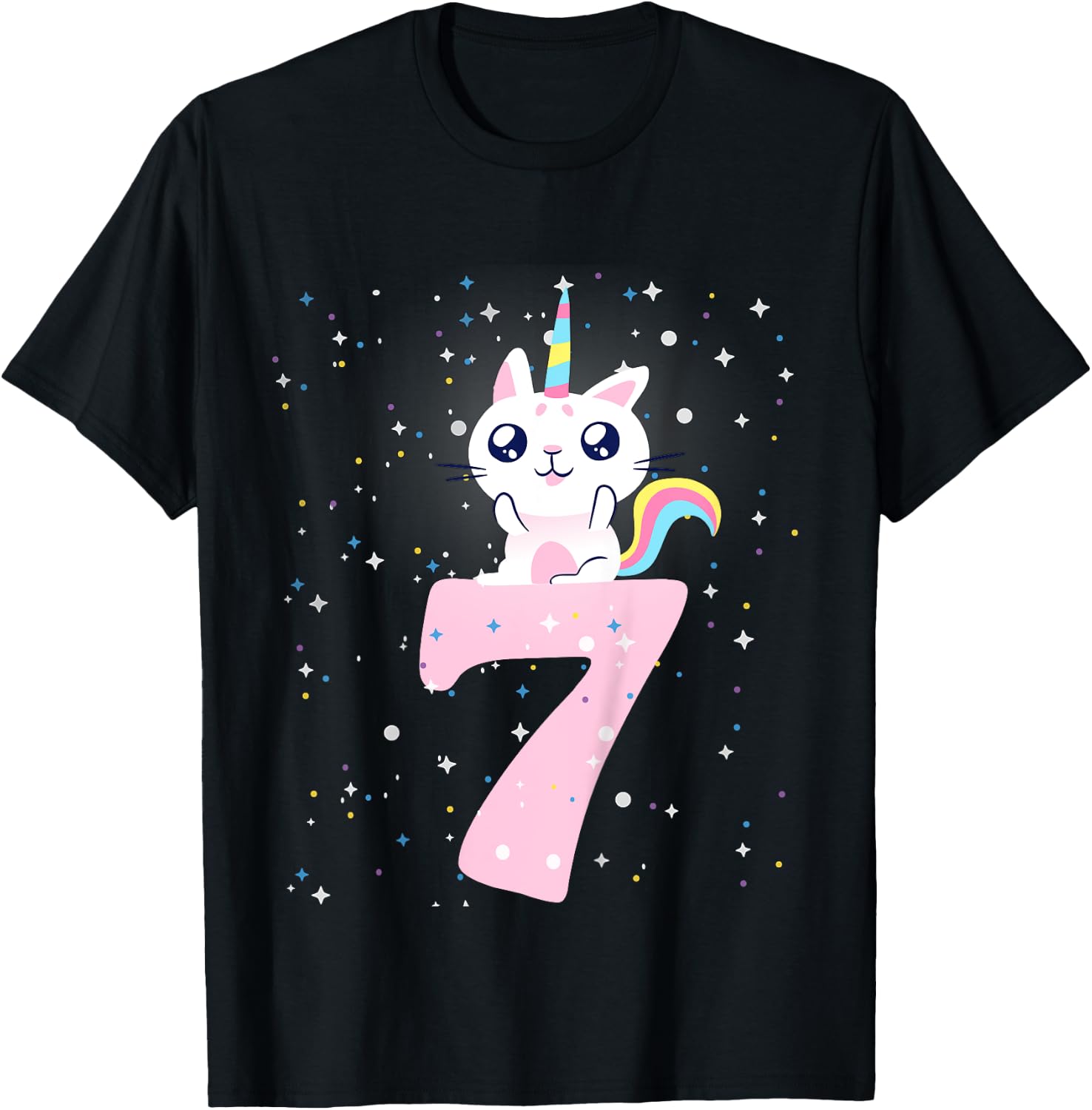 Kids 7th birthday girl outfit unicorn cat T-Shirt - T-Shirt | Black