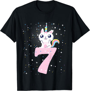 Kids 7th birthday girl outfit unicorn cat T-Shirt - T-Shirt | Black