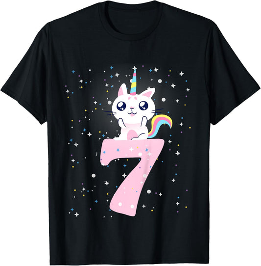 Kids 7th birthday girl outfit unicorn cat T-Shirt - T-Shirt | Black