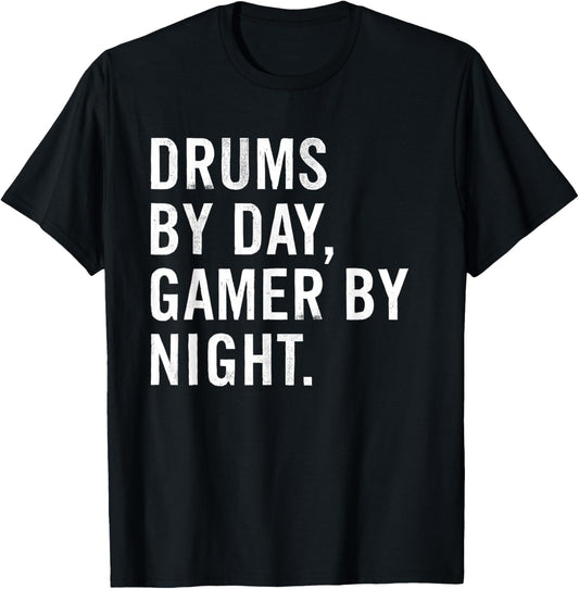 Funny Drums Musician Typography Gifts Drums By Day Gamer By Night Black Short Sleeve T-Shirt - T-Shirt | Black