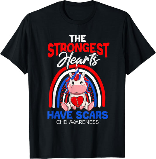 The Strongest Hearts Have Scars CHD Awareness Cute Unicorn T-Shirt - T-Shirt | Black