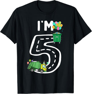 I'm 5 Five Years Old Garbage Truck 5th Birthday Boy Kids T-Shirt - T-Shirt | Black
