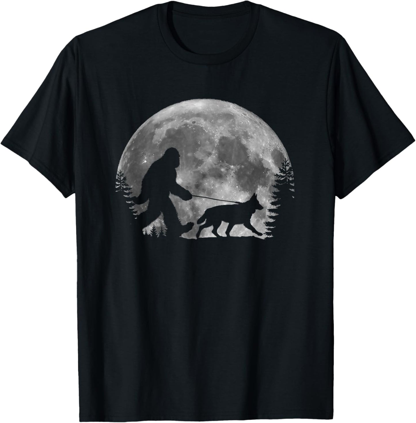 Bigfoot Walking a Dog Funny German Shepherd Moon Halloween T-Shirt - T-Shirt | Black