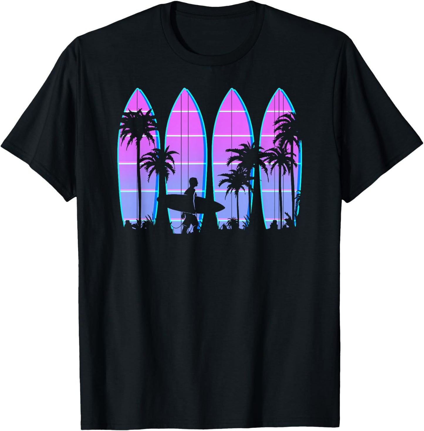 Surfboard Men Women Kids Surfing Vaporwave Retro Wave Surfer T-Shirt - T-Shirt | Black