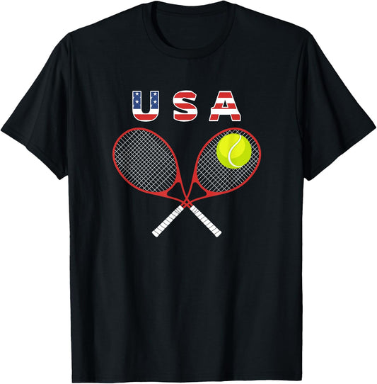 Tennis American Flag / USA Fans Support Racket Ball T-Shirt - T-Shirt | Black