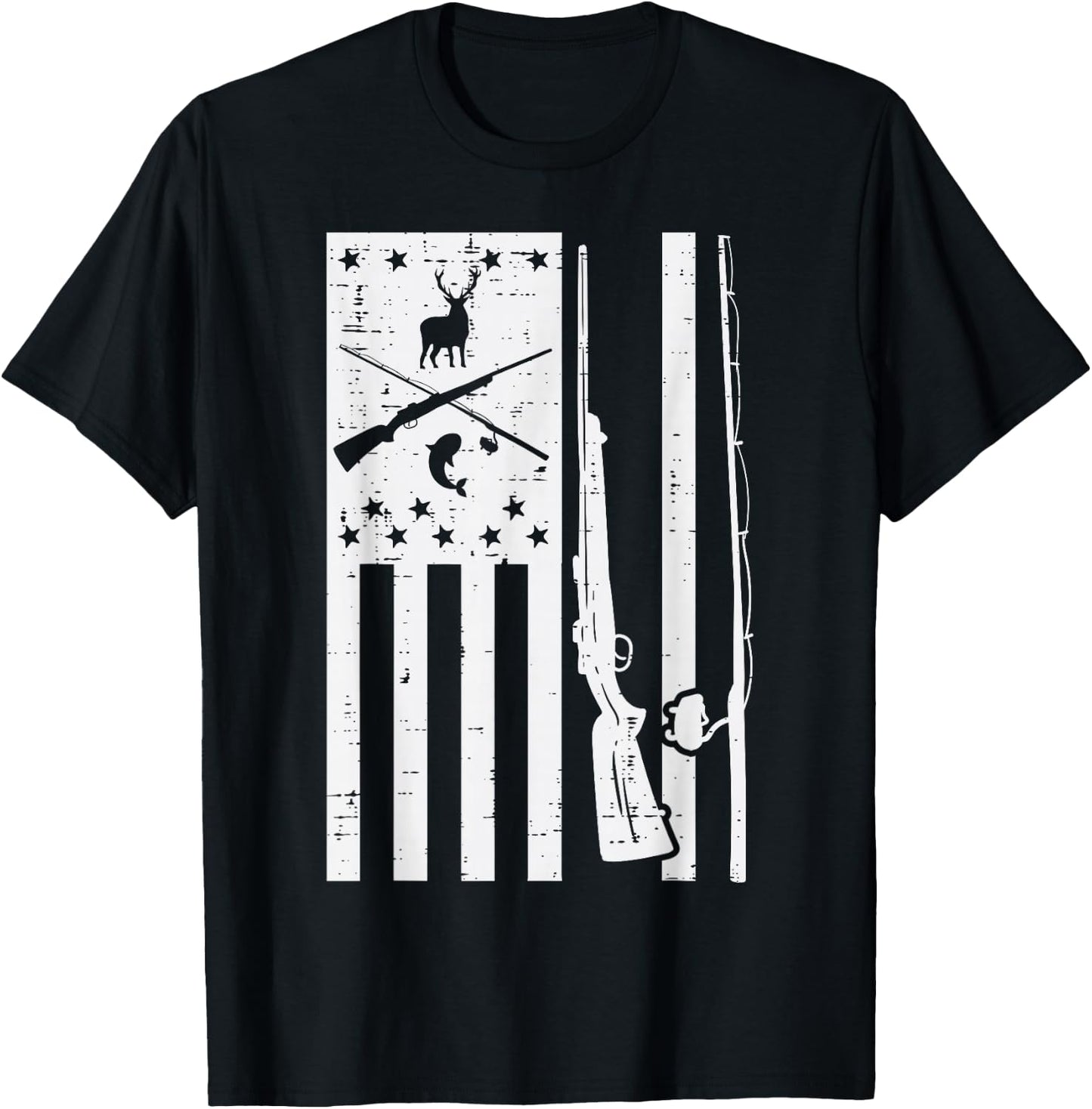 White US Flag Rifle Fishing Rod Fish Deer Hunting Patriotic T-Shirt - T-Shirt | Black