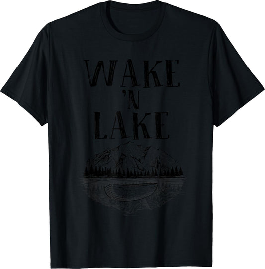 Funny Wake 'n Lake Camping Gift Women Boys Girls Kid T-Shirt - T-Shirt | Black