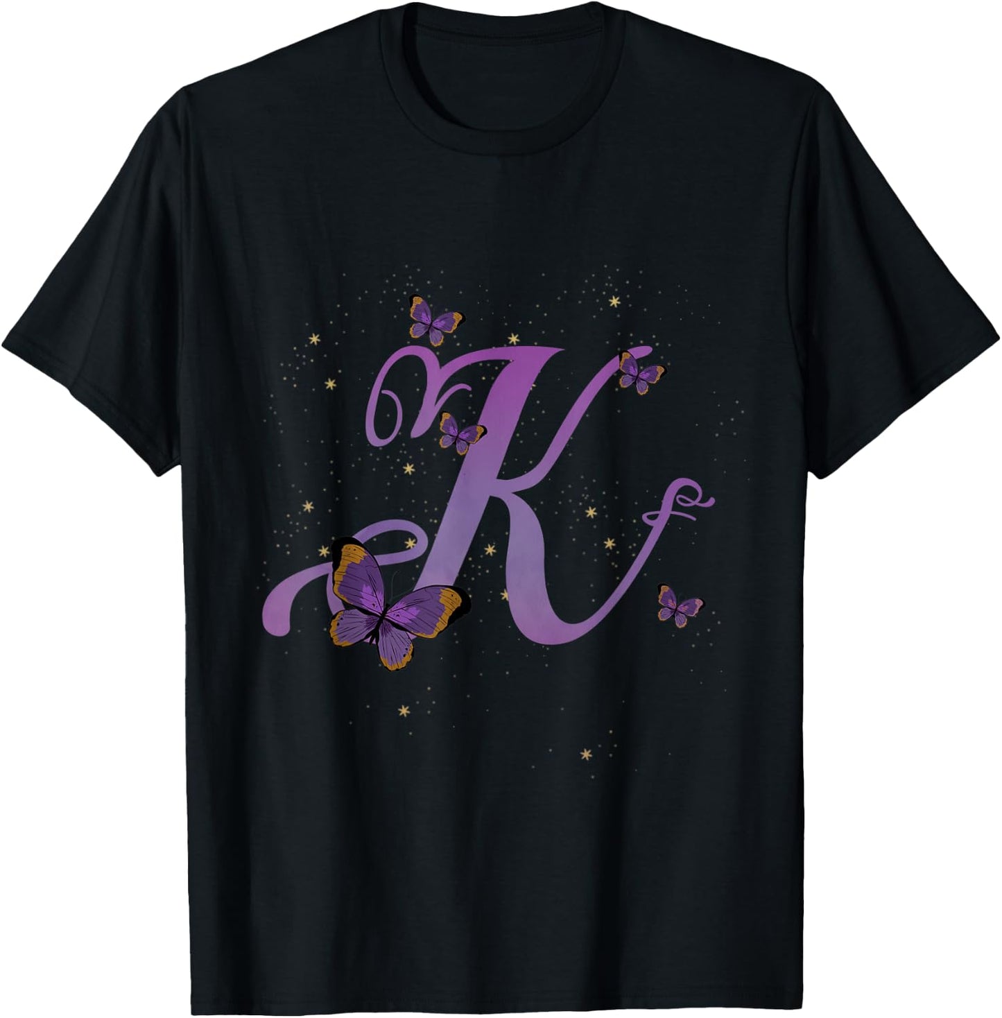 Romantic Butterfly Initial Letter K Purple Monogram T-Shirt - T-Shirt | Black