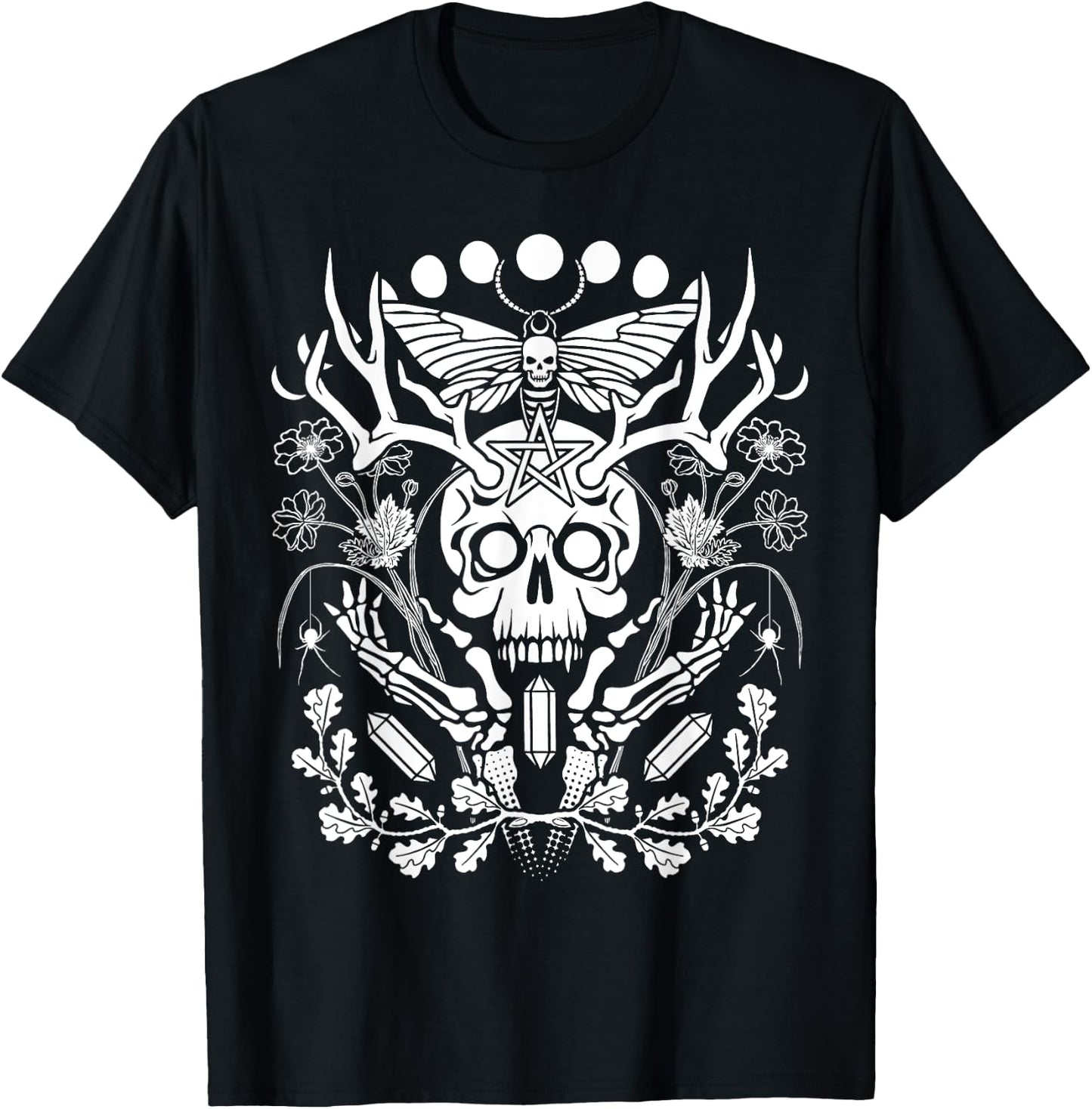 Nature Witch Skull and Death's Head Moth, Moons & Crystals T-Shirt - T-Shirt | Black