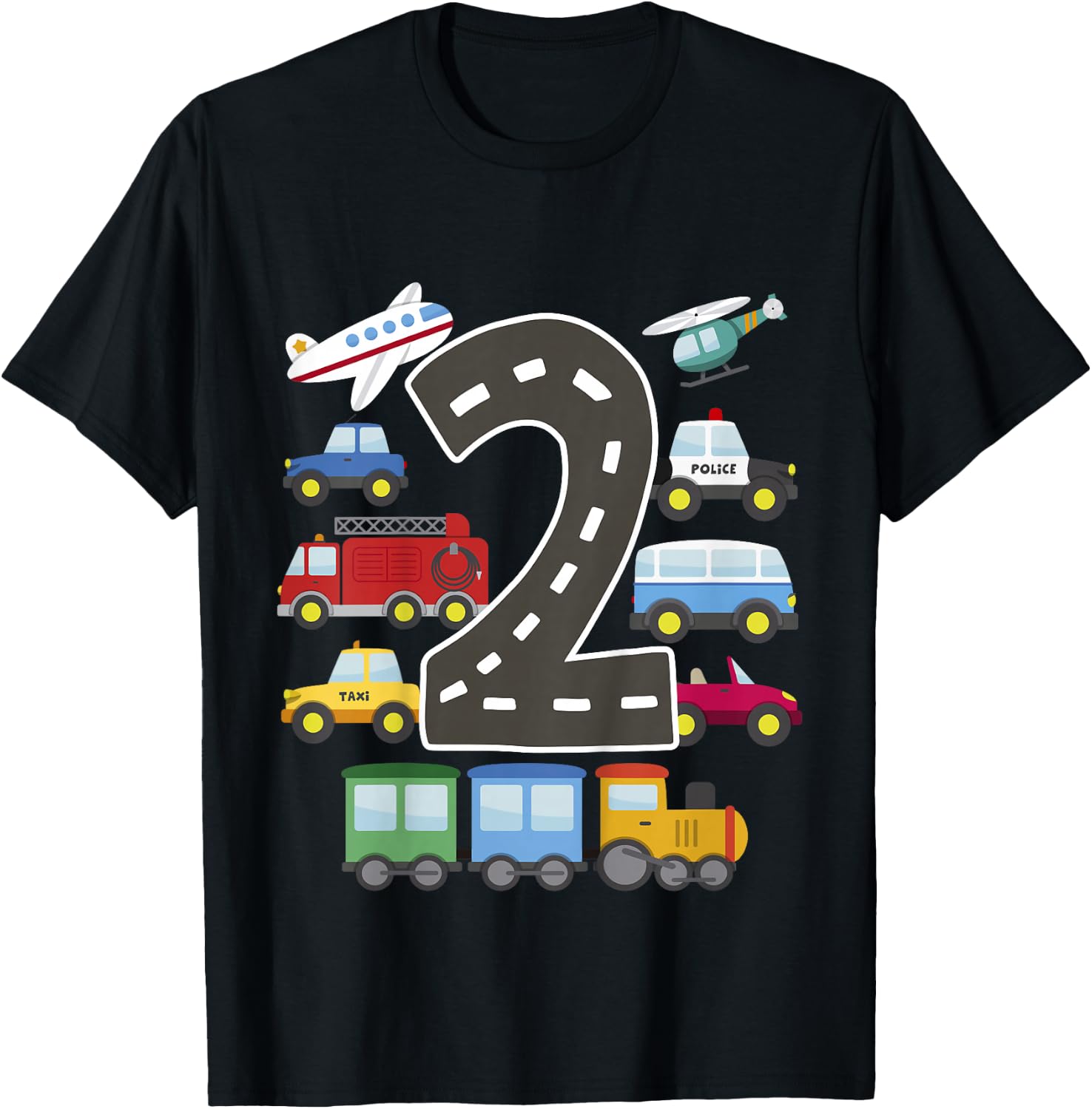 Kids 2 Year Old Transportation Birthday Car Train Plane 2nd Gift T-Shirt - T-Shirt | Black