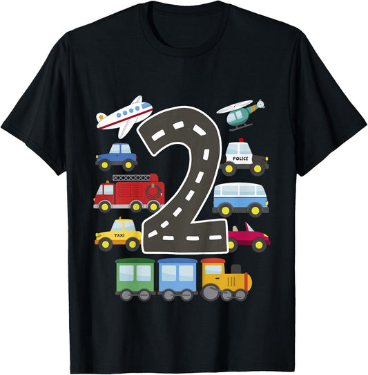 Kids 2 Year Old Transportation Birthday Car Train Plane 2nd Gift T-Shirt - T-Shirt | Black