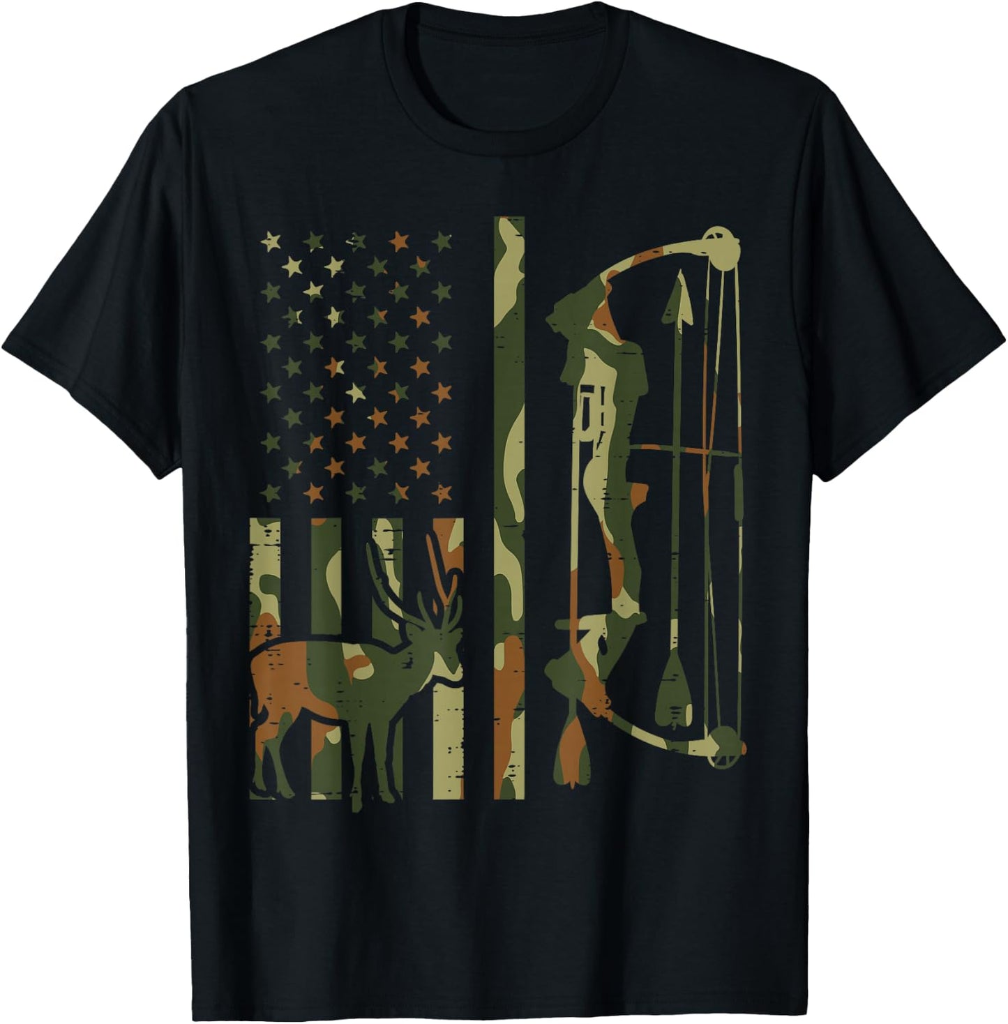 Camo Flag Deer Bow Hunting Patriotic Hunter Dad Archer T-Shirt - T-Shirt | Black