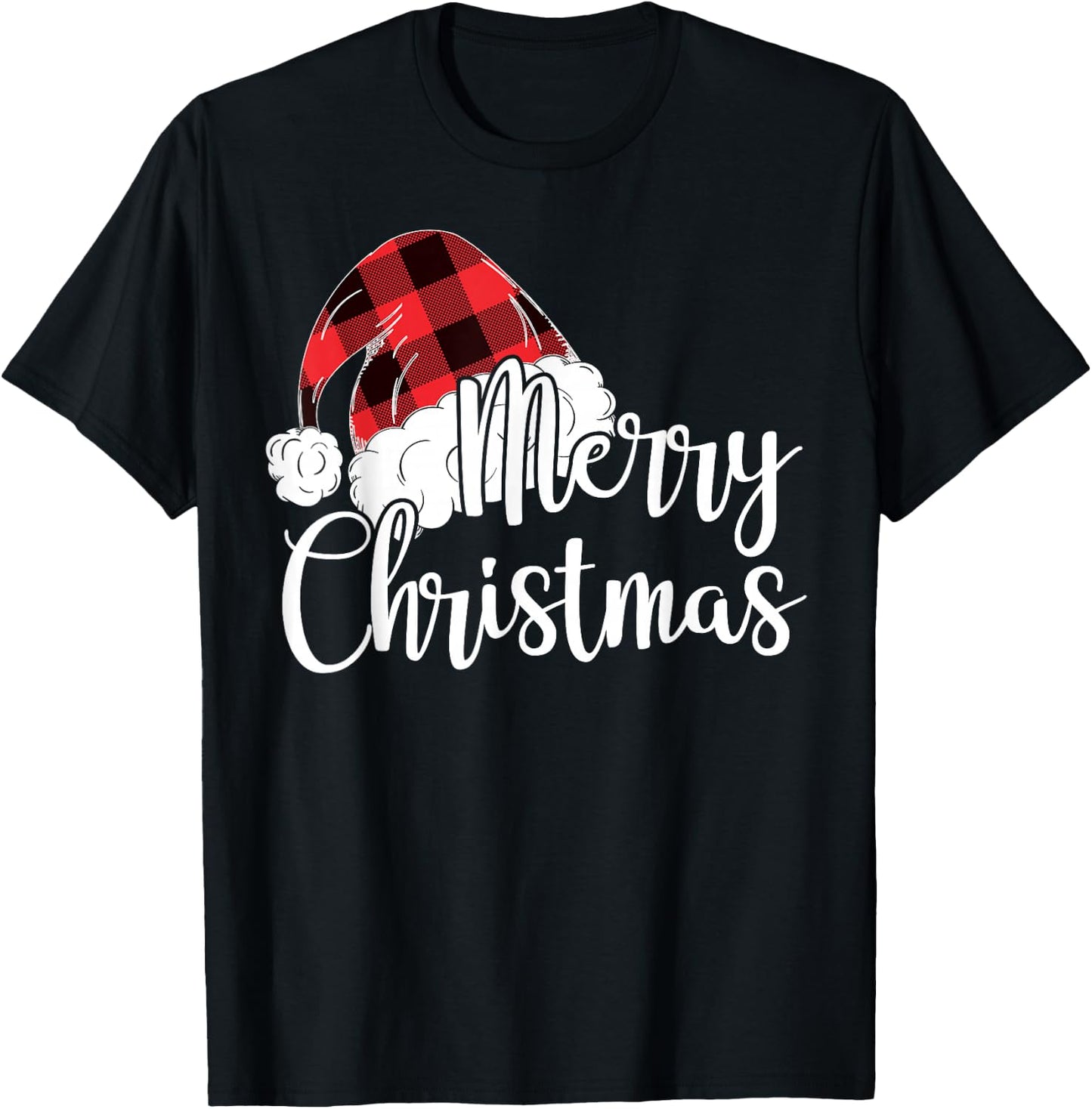 Merry Christmas Gift Cute Plaid Santas Hat Funny Women Xmas T-Shirt - T-Shirt | Black