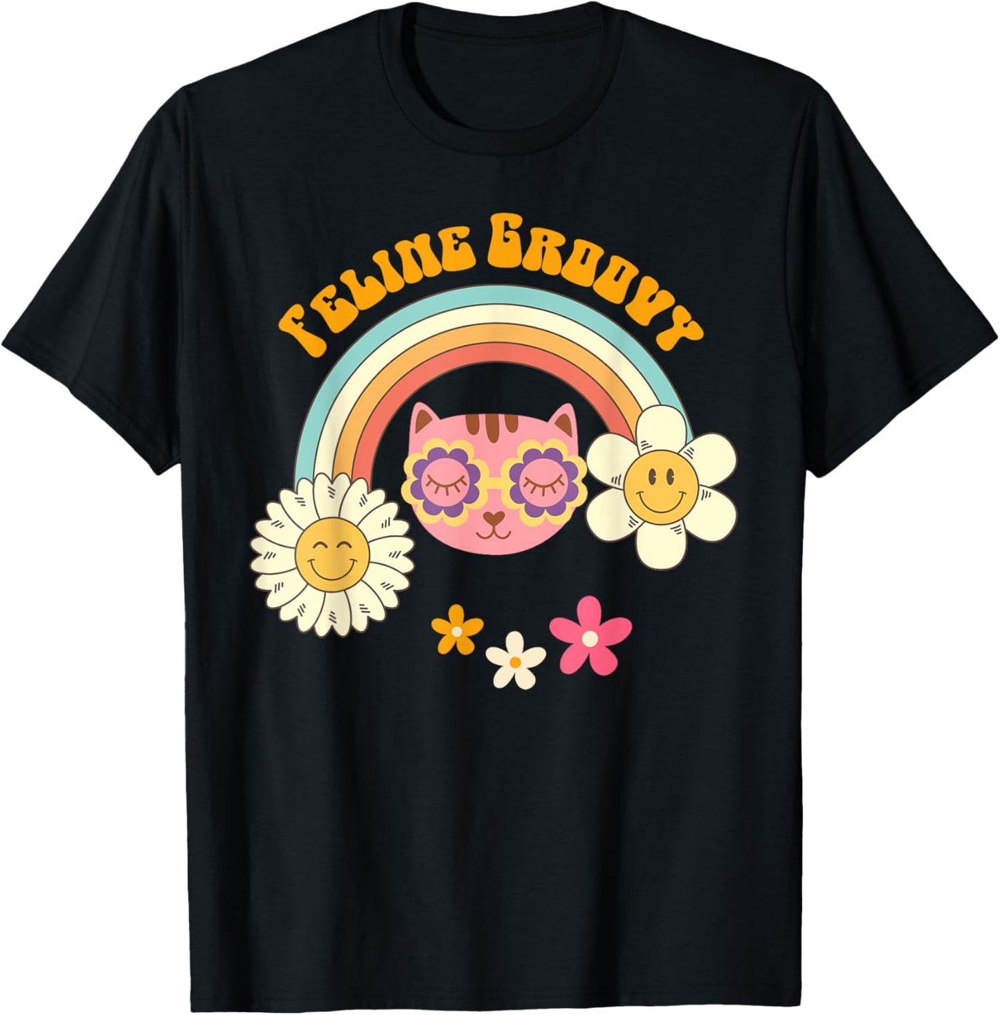 Retro Cat 70's Style: Feline Groovy Rainbow Cat Mom Shirt Women T-Shirt - T-Shirt | Black