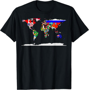 Map of The World and Flags of The Countries of The World T-Shirt - T-Shirt | Black