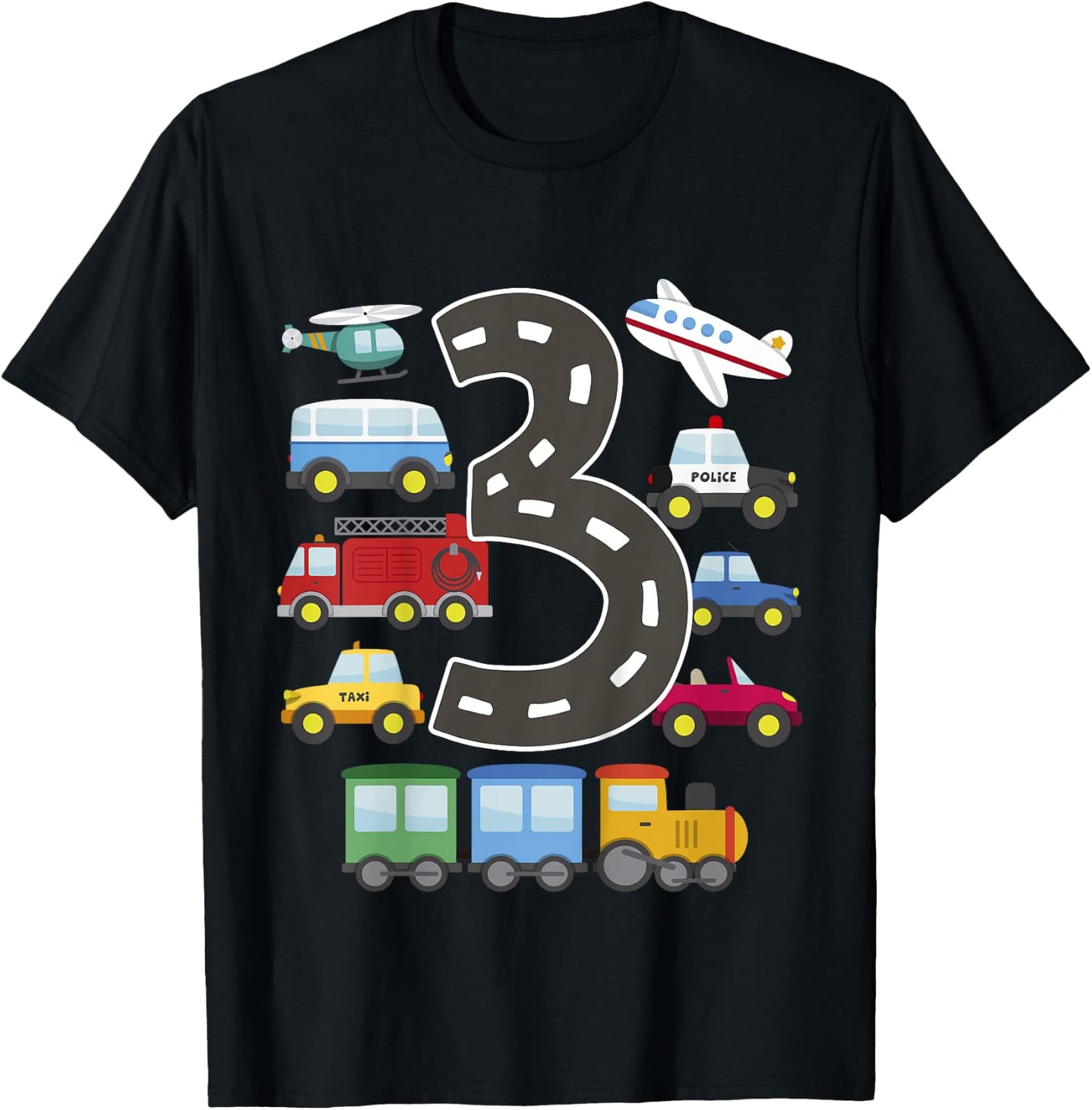 3 Year Old Transportation Birthday Car Train Plane 3rd Gift T-Shirt - T-Shirt | Black
