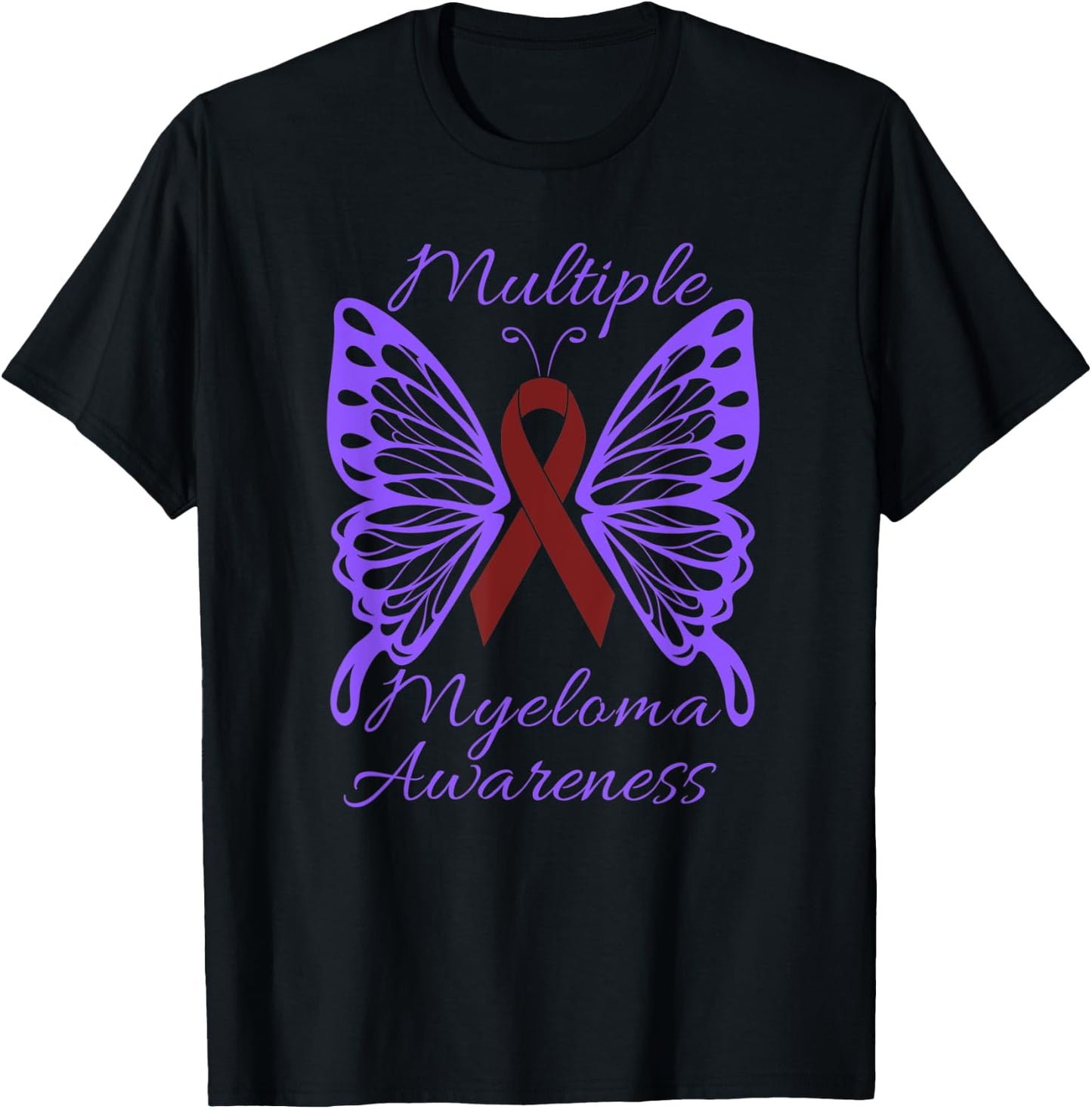 Multiple Myeloma Awareness Butterfly with Burgundy Ribbon T-Shirt - T-Shirt | Black