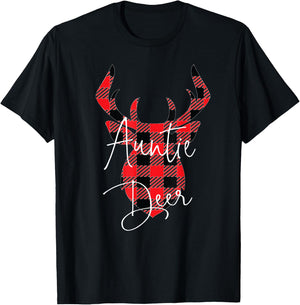 Auntie Deer Christmas Pajama Red Plaid Buffalo Matching T-Shirt - T-Shirt | Black