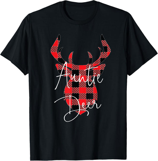 Auntie Deer Christmas Pajama Red Plaid Buffalo Matching T-Shirt - T-Shirt | Black