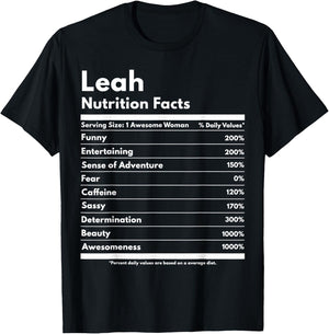 That's My Name Co. Leah Leah Nutrition Facts Funny Personalized Name Leah T-Shirt - T-Shirt | Black