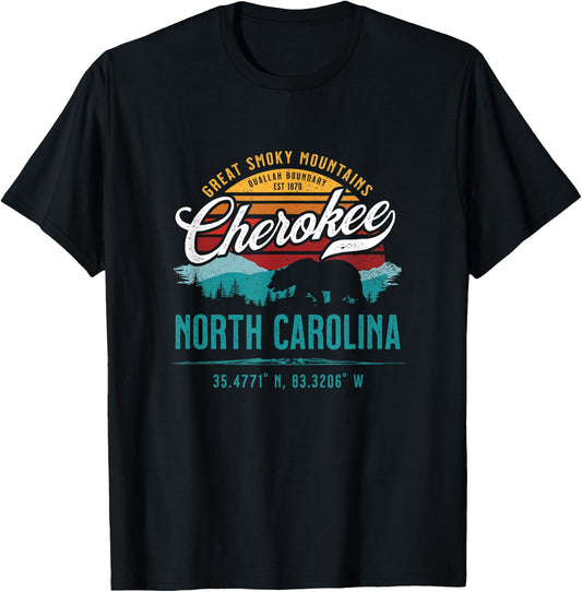 Cherokee North Carolina Retro Sunset Great Smoky Mountains T-Shirt - T-Shirt | Black