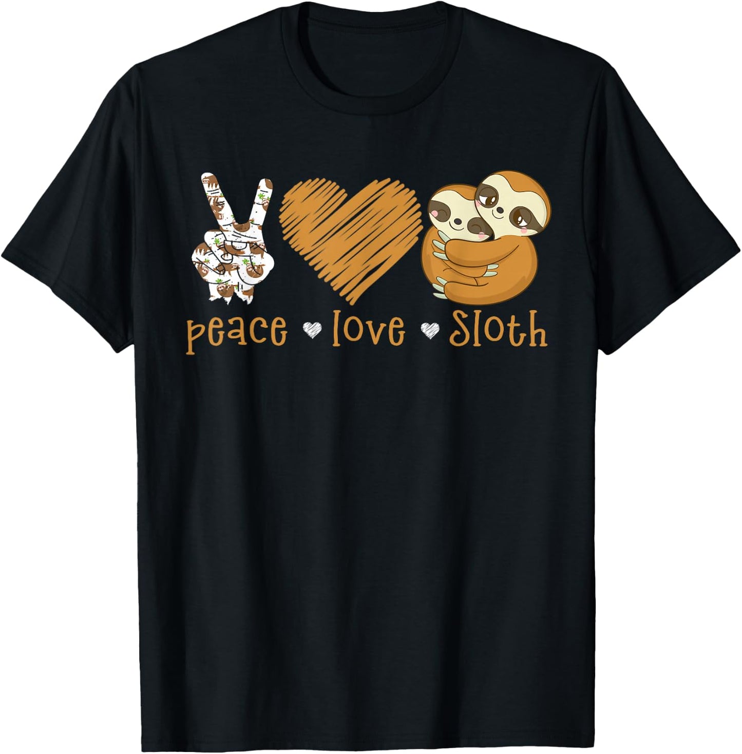 Peace Love Sloth Hand Sign Heart Sloth Lovers T-Shirt - T-Shirt | Black