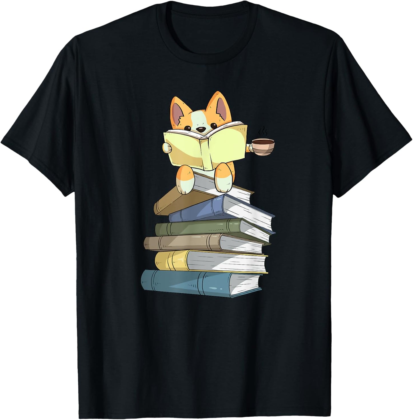 Welsh Corgi Books Coffee | Coffee Dog & Reading Lover Gift T-Shirt - T-Shirt | Black