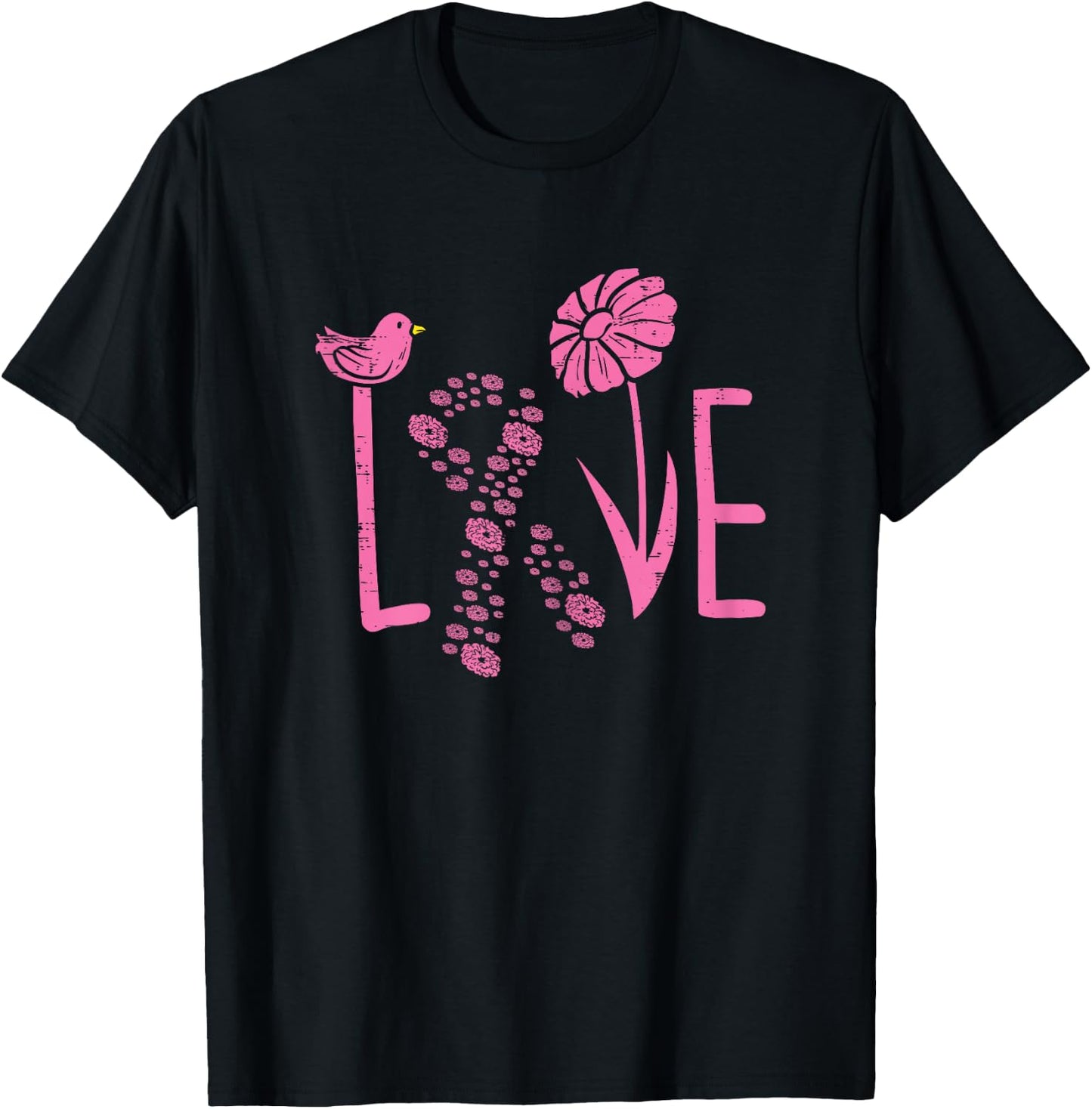 Love Pink Ribbon Flower Daisy Breast Cancer Awareness Gift T-Shirt - T-Shirt | Black