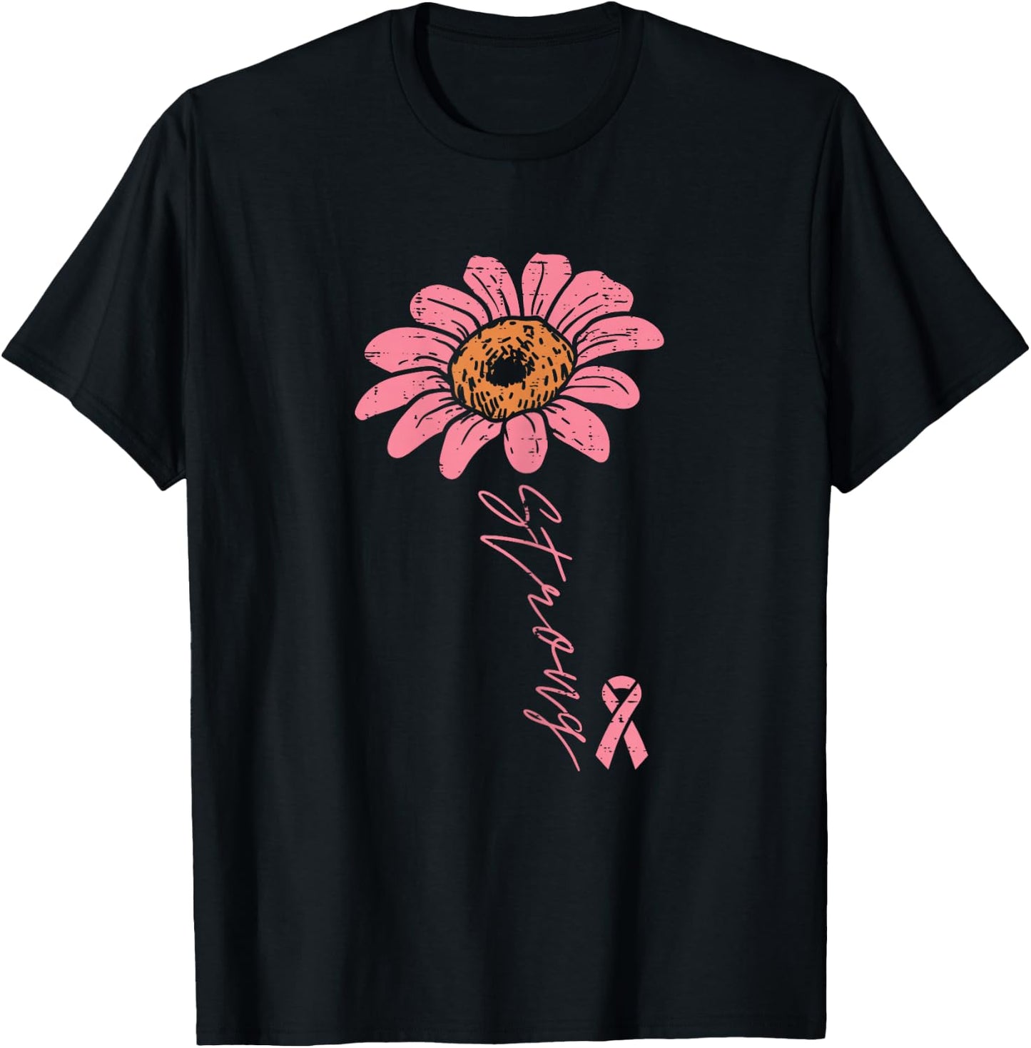 Pink Ribbon Sunflower Strong Breast Cancer Awareness Women T-Shirt - T-Shirt | Black