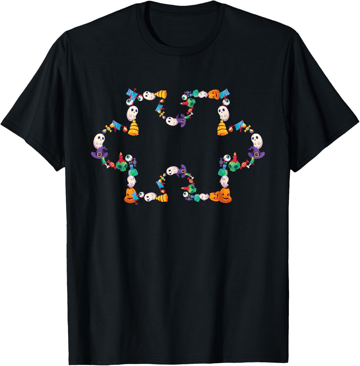 Halloween Autism Awareness Puzzle Pumpkin Ghost Broom Zombie T-Shirt - T-Shirt | Black