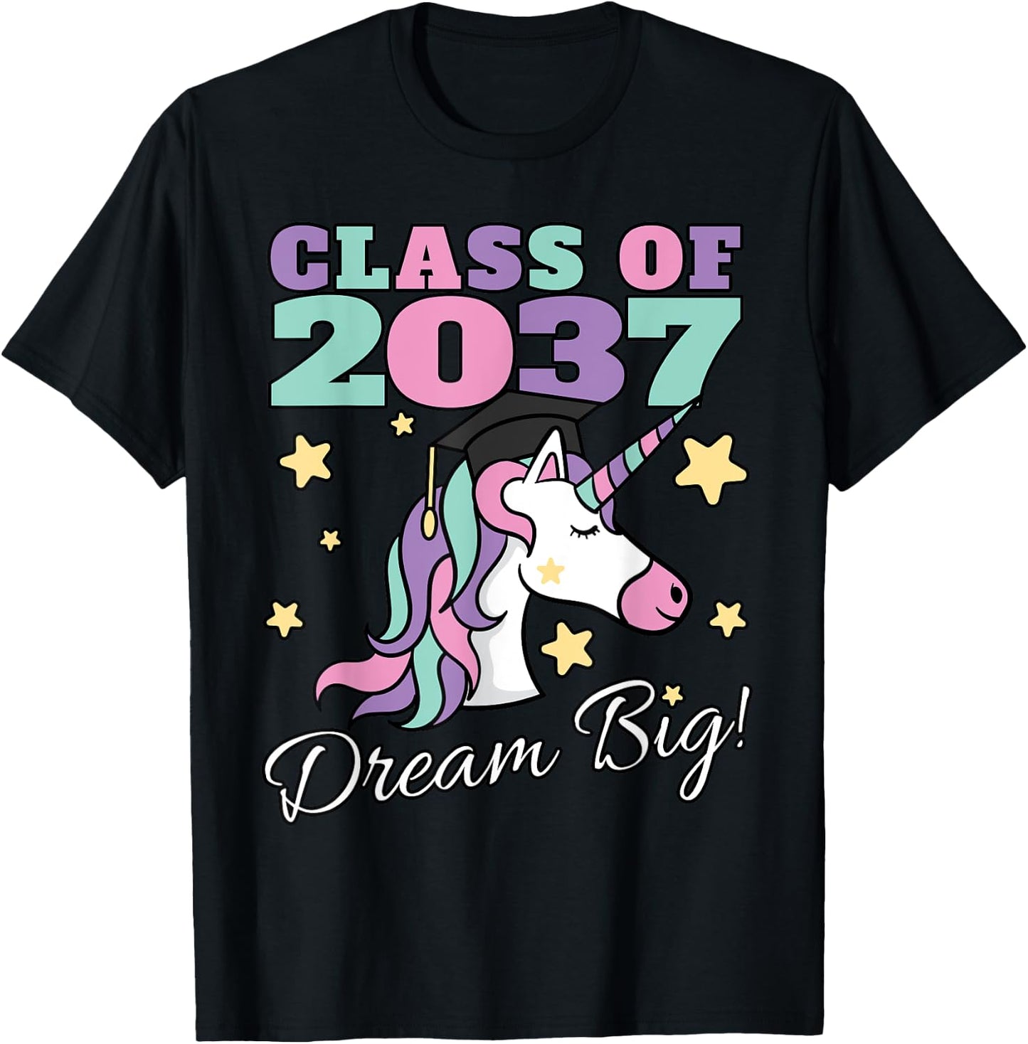 Girls Class of 2037 Magical Unicorn Graduation Cap T-Shirt - T-Shirt | Black