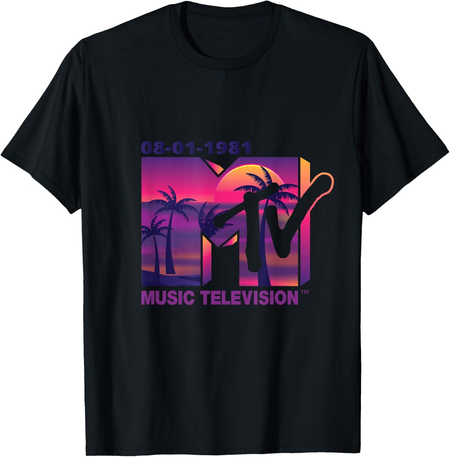 Mademark x MTV - The official 1981 MTV Logo with purple Palms in the Sunset T-Shirt - T-Shirt | Black