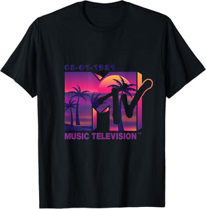 Mademark x MTV - The official 1981 MTV Logo with purple Palms in the Sunset T-Shirt - T-Shirt | Black